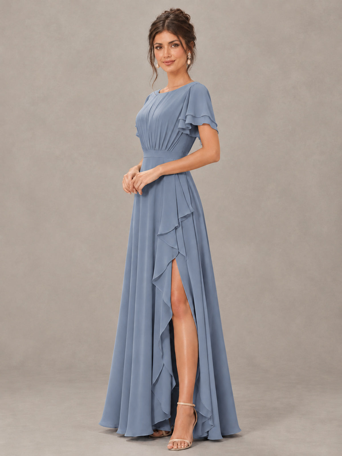BOLODOO Dusty Blue Flutter Sleeve Ruffle Bridesmaid Dress with Slit - Dusty Blue - Dusty Blue (3)