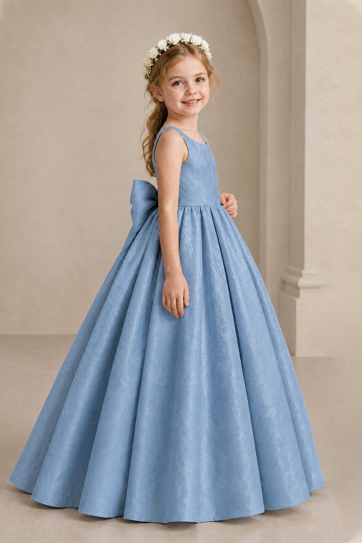 BOLODOO Dusty Blue Girls' A-Line Flower Girl Dress with Back Bow - Dusty Blue