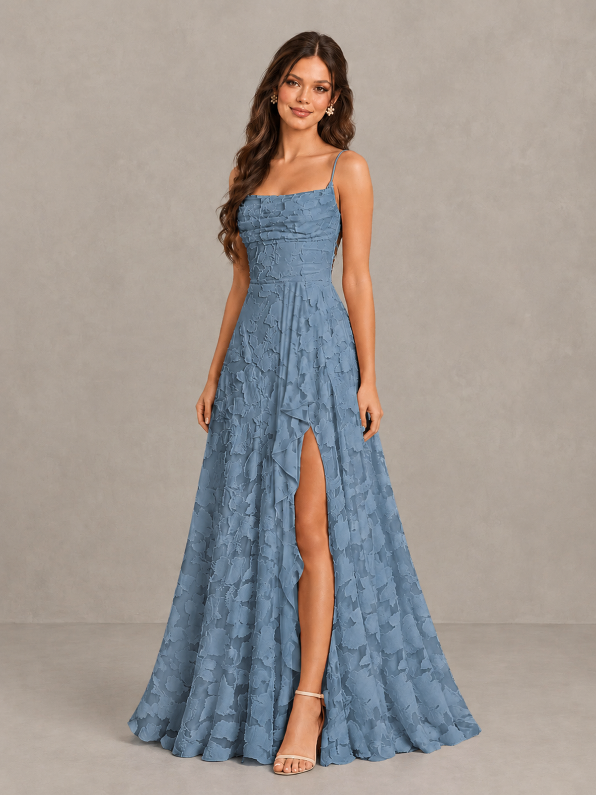 BOLODOO Dusty Blue Floral Appliqué Slit Maxi Dress - Dusty Blue - Dusty Blue (3)