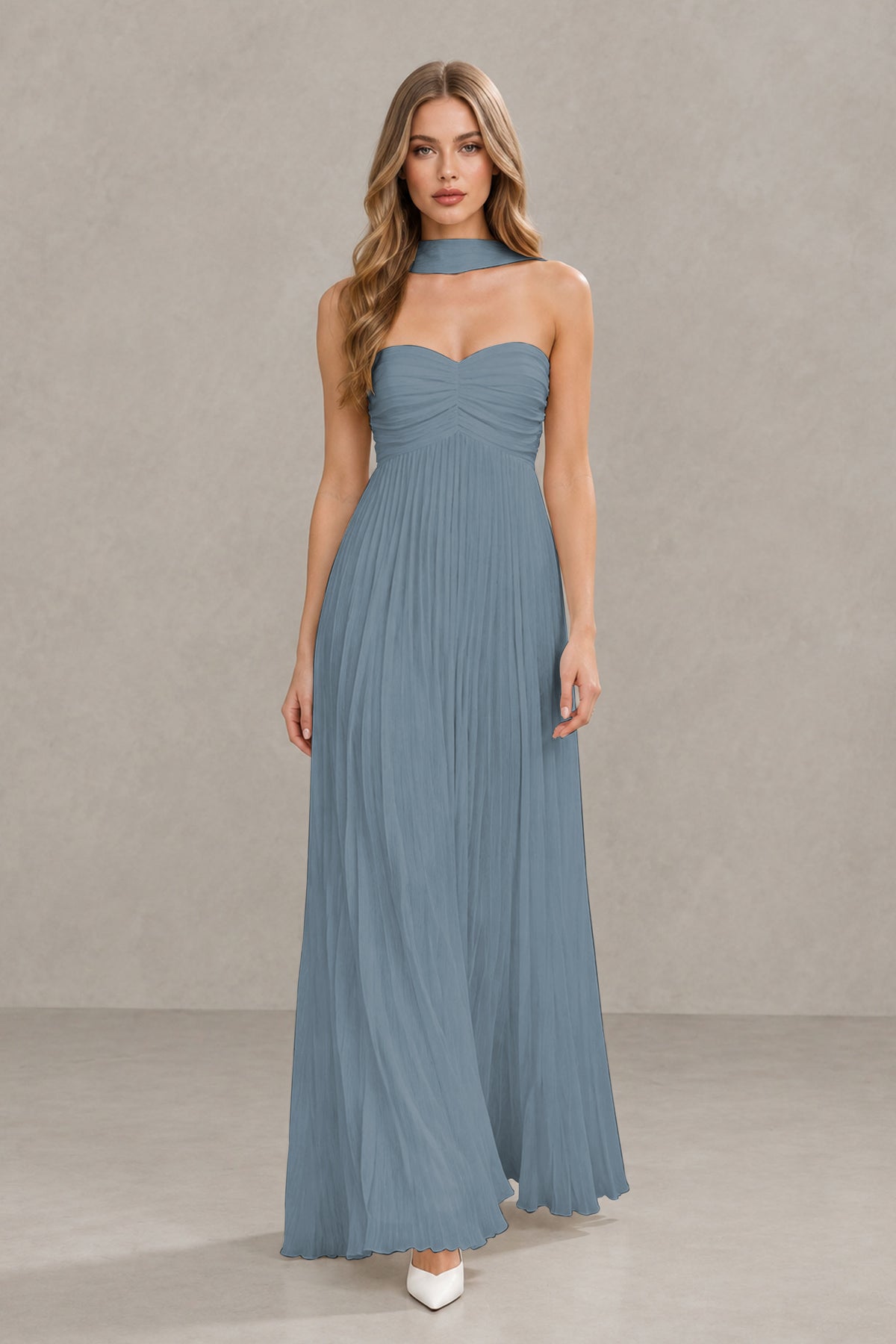 BOLODOO Dusty Blue Strapless Chiffon-Look Maxi Dress with Lace-Up Back & Cape - Dusty Blue