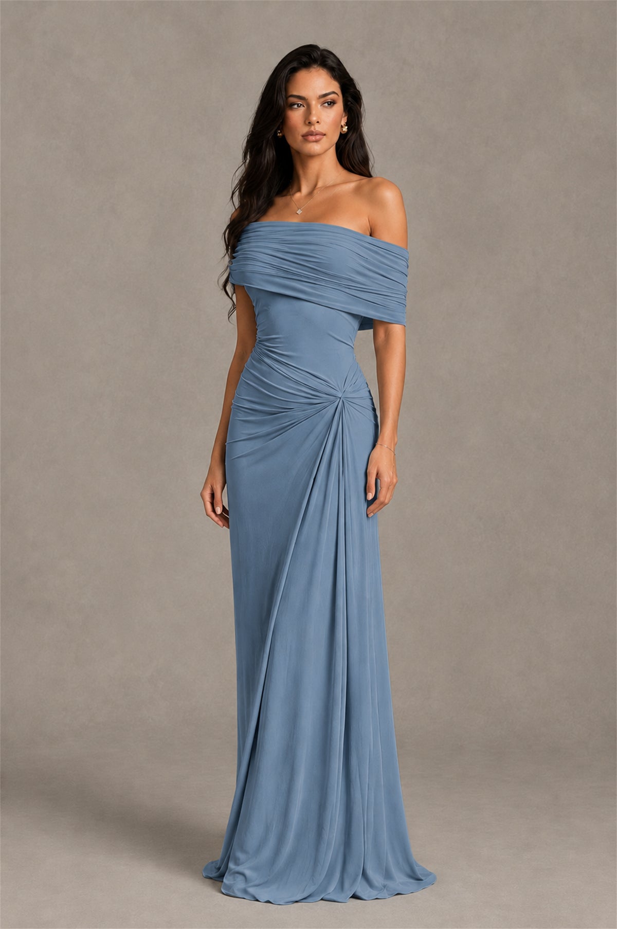BOLODOO Dusty Blue Off-Shoulder Ruched Maxi Dress - Dusty Blue