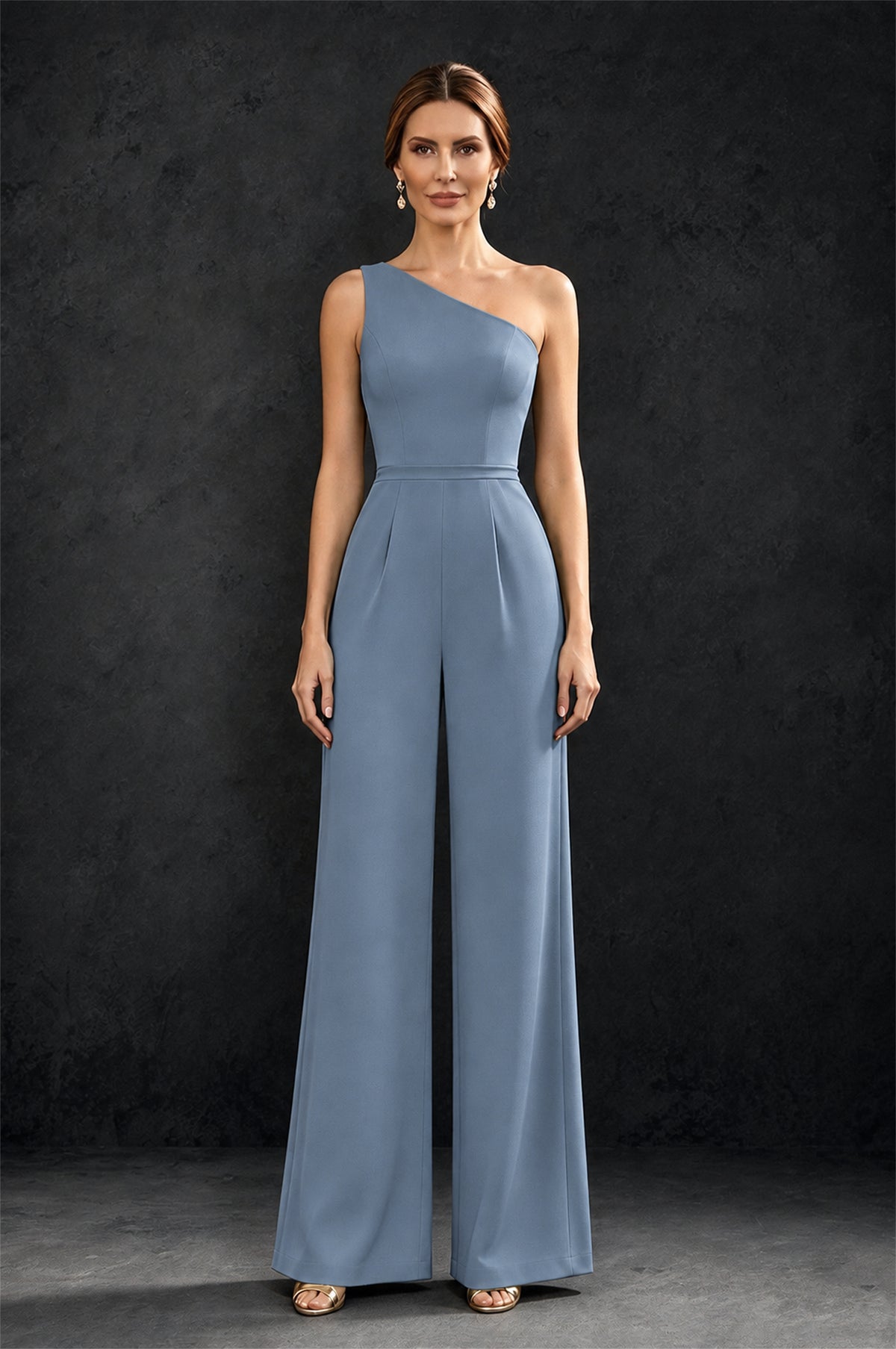 BOLODOO Dusty Blue 2-Piece Set: Off-Shoulder 3D Floral Cape Gown & One-Shoulder Wide-Leg Jumpsuit | BD0373 - Dusty Blue