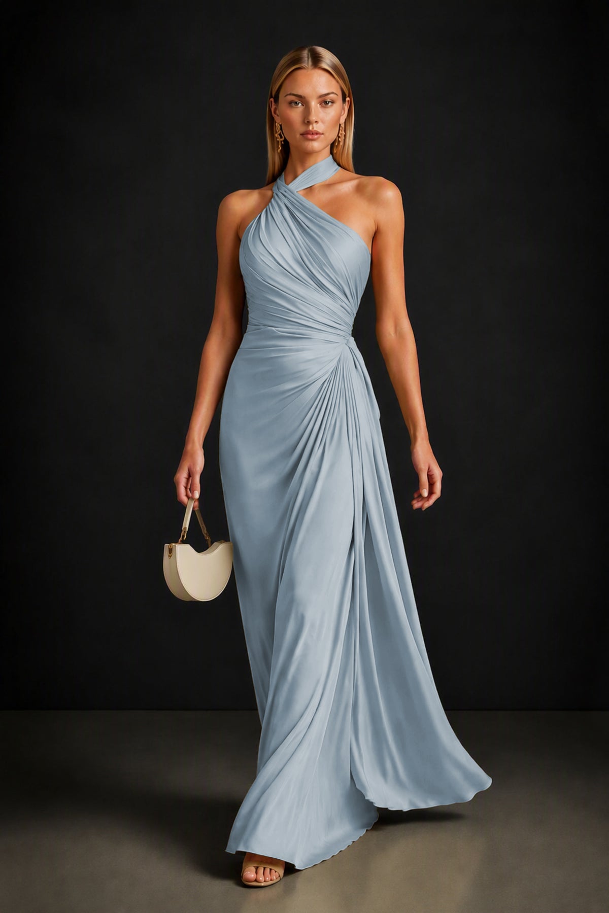 BOLODOO Dusty Blue Twisted Halter Neck Ruched Sleeveless Open Back Floor-Length Gown - Dusty Blue