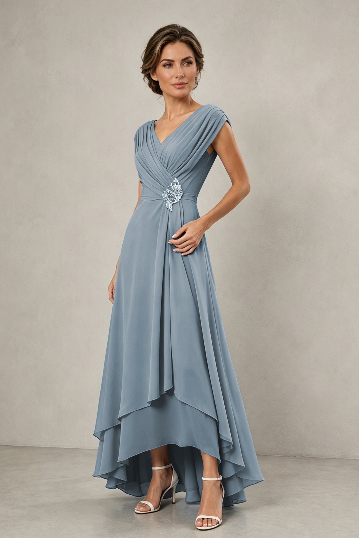 BOLODOO Dusty Blue V-Neck High-Low Mother of the Bride Dress - Dusty Blue