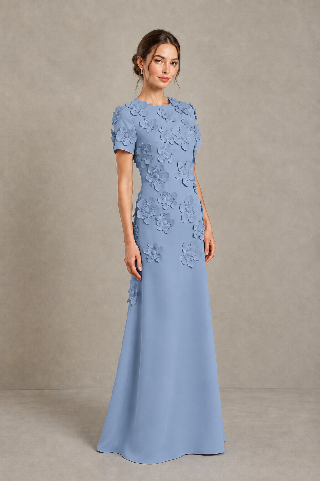 BOLODOO Dusty Blue Textured Floral Maxi Dress with Short Sleeves - Dusty Blue