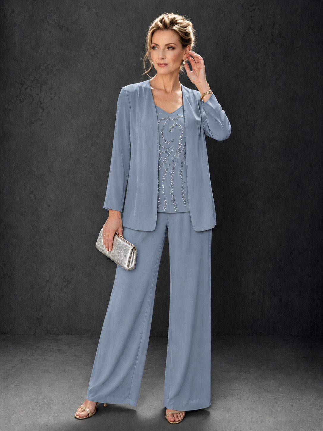 BOLODOO Dusty Blue 3-Piece Mother of the Bride Pant Suit with Beaded Top & Chiffon Jacket - Dusty Blue