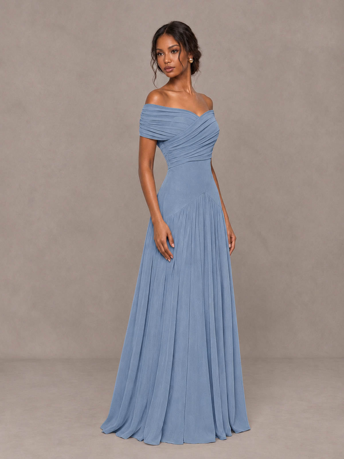 BOLODOO Dusty Blue Off-Shoulder Ruched A-Line Bridesmaid Dress - Dusty Blue - Dusty Blue (3)