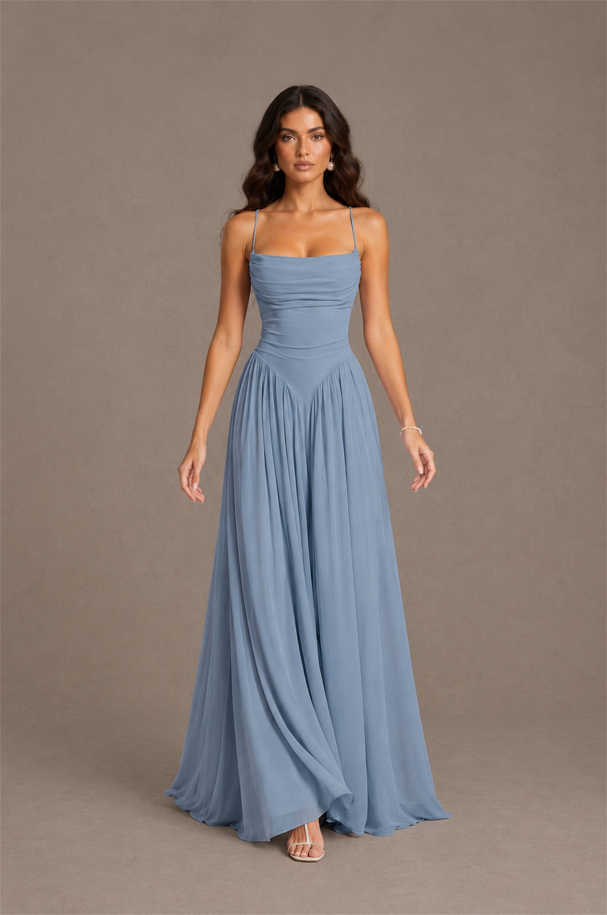 BOLODOO Dusty Blue Spaghetti Strap Square Neck Ruched Chiffon Maxi Dress with Lace-Up Back - Dusty Blue