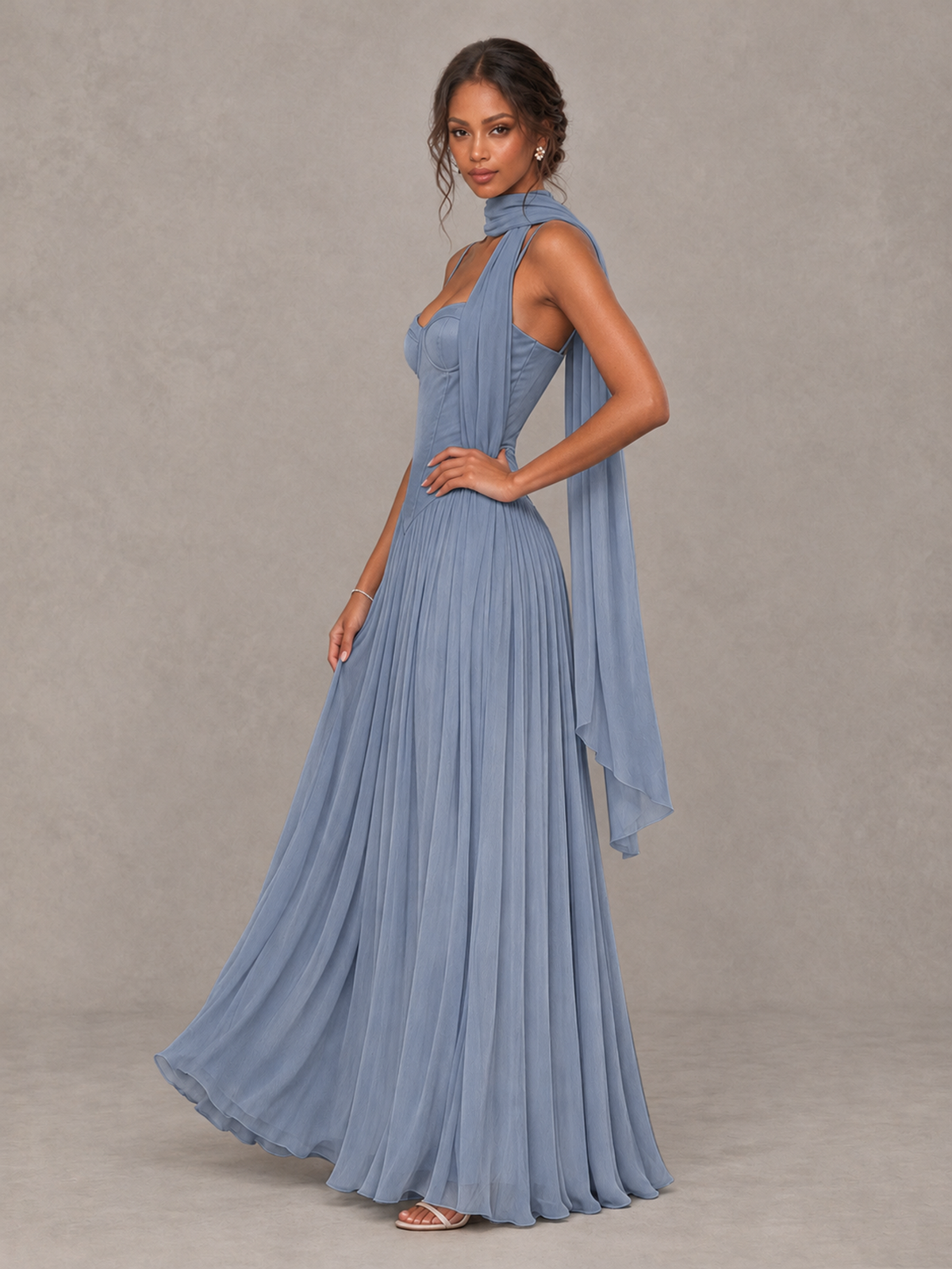 BOLODOO Dusty Blue Corset Bridesmaid Dress with Scarf - Dusty Blue - Dusty Blue (3)