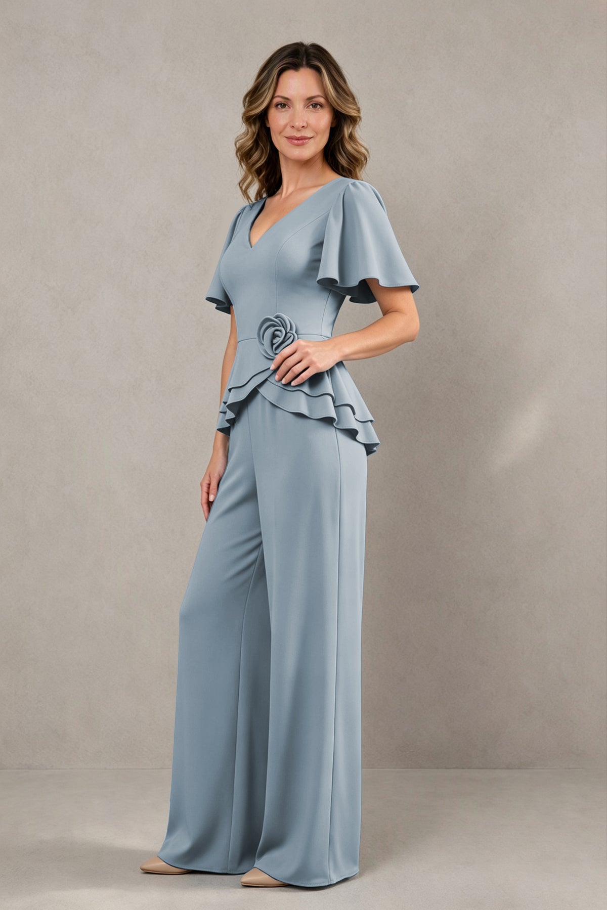 BOLODOO Dusty Blue Flutter Sleeve Peplum Wide-Leg Pant Suit - Dusty Blue
