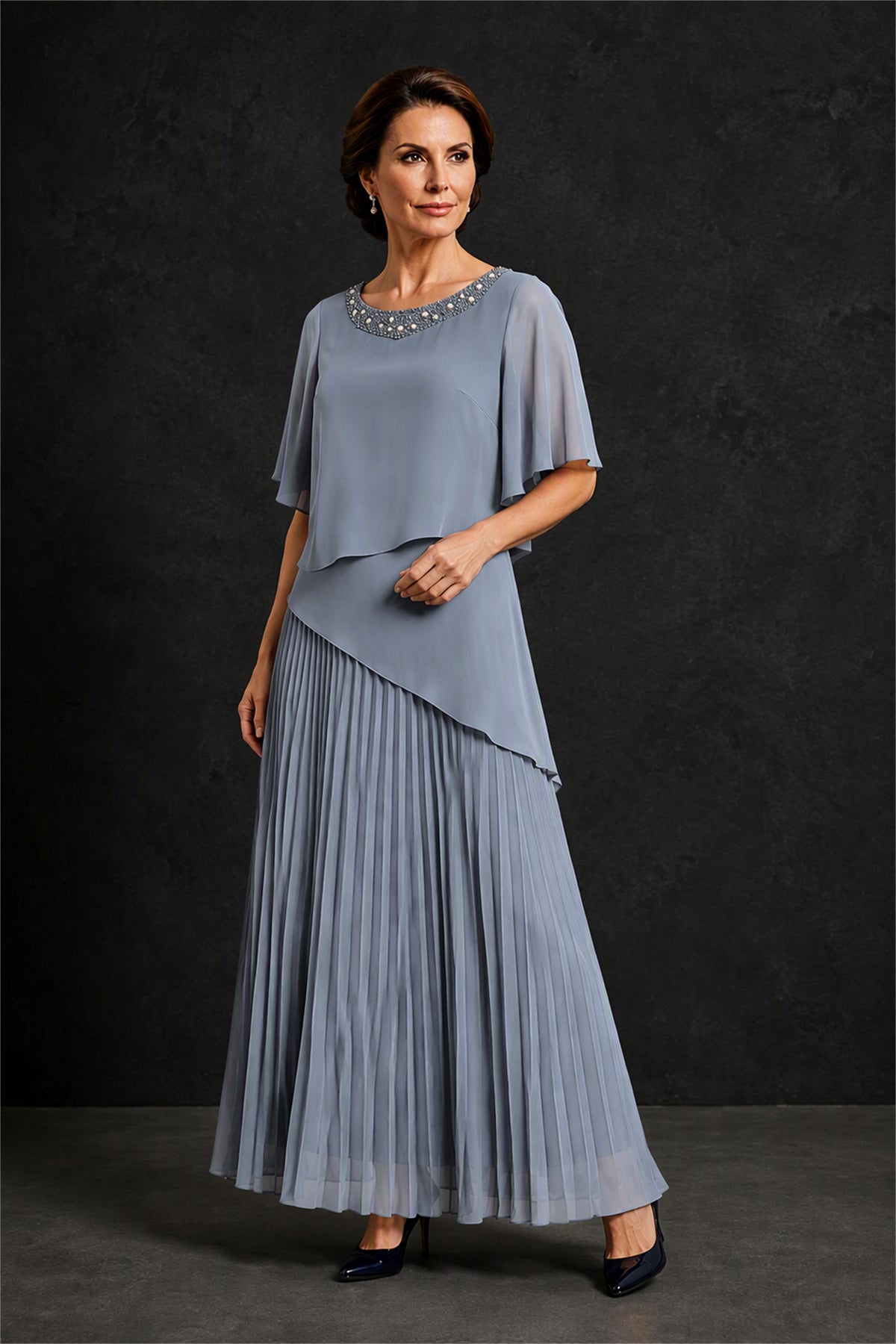 BOLODOO Dusty Blue Pearl Beaded Neck Asymmetric Tiered Flutter Sleeve Pleated Chiffon Maxi Dress - Dusty Blue