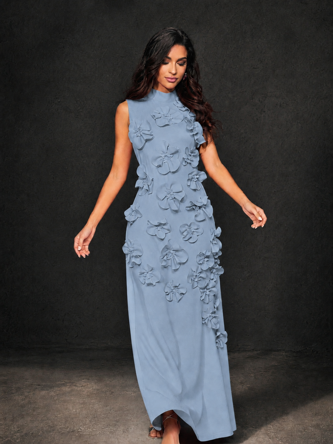 BOLODOO Dusty Blue Mock Neck Sleeveless 3D Floral Appliqué Maxi Dress with Bow Back - Dusty Blue