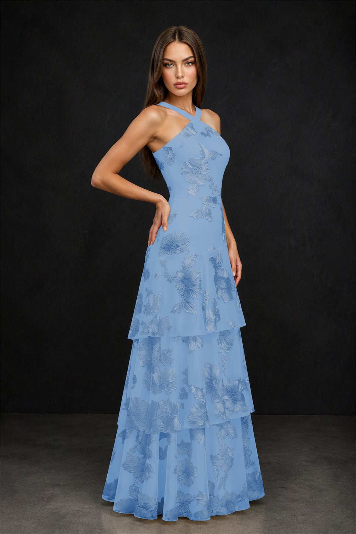 BOLODOO Dusty Blue Crisscross Halter Neck Dusty Blue Floral Embroidered Triple Tiered A-Line Tulle Maxi Dress - Dusty Blue