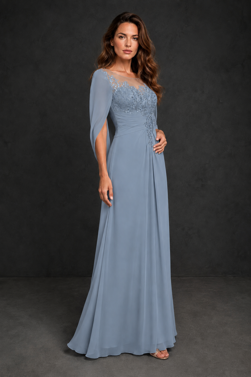 BOLODOO Dusty Blue Illusion Lace One-Side Cape Sleeve Beaded Chiffon Floor Length Gown | Mother of the Bride Evening Dress - Dusty Blue