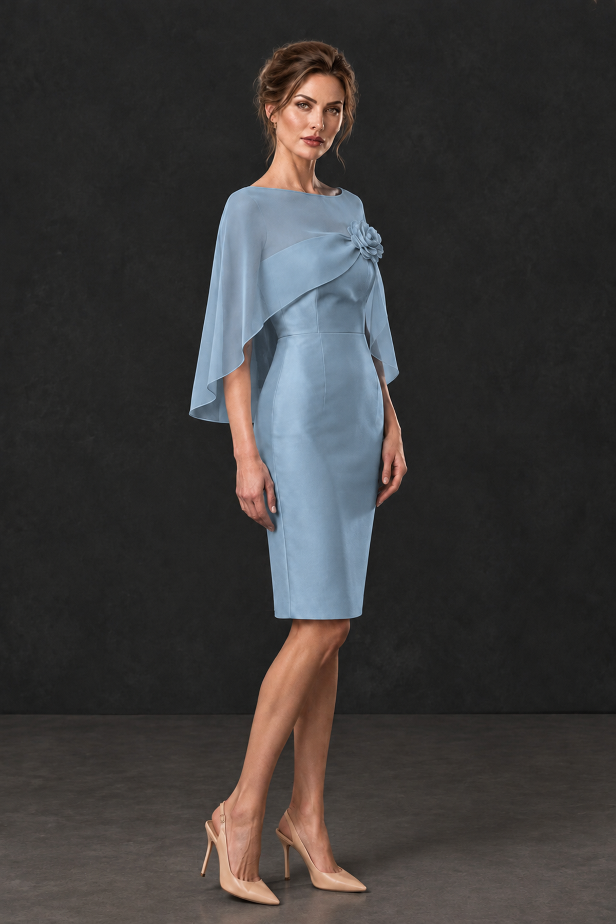 BOLODOO Dusty Blue Cape Knee-Length Mother of the Bride Dress - Dusty Blue - Dusty Blue (3)