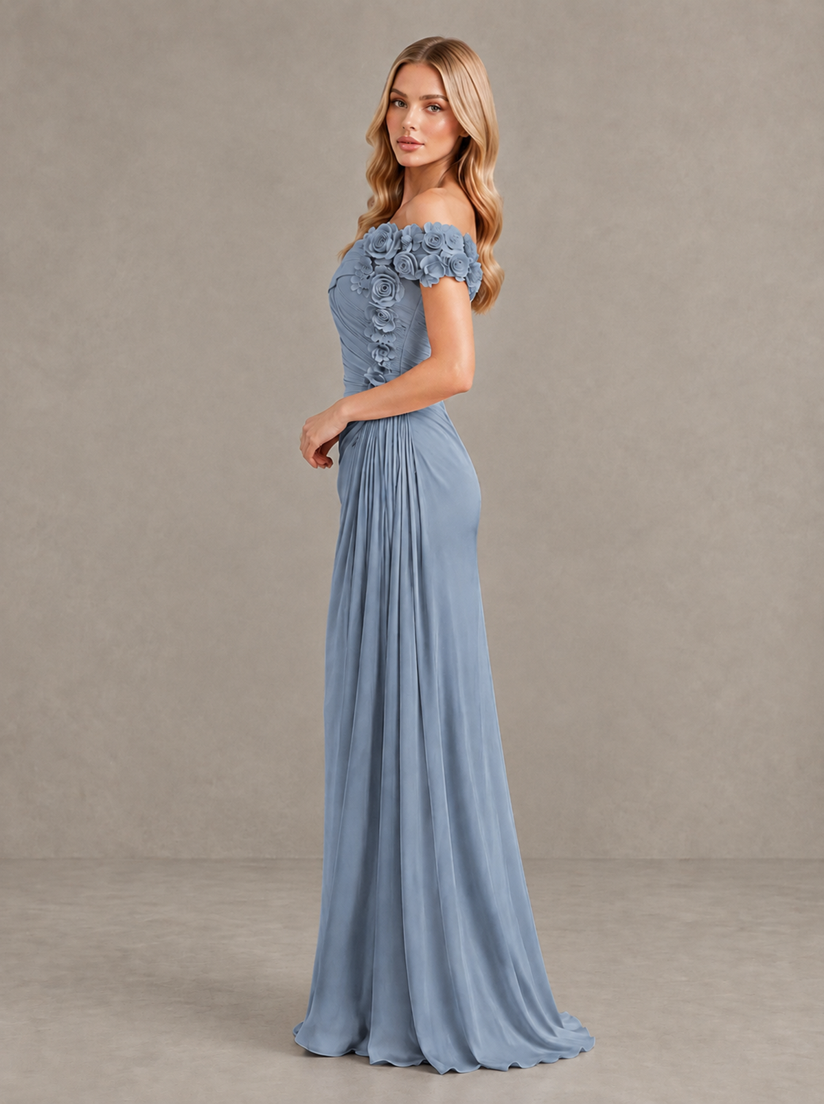 BOLODOO Dusty Blue Off-Shoulder Floral Applique Wedding Guest Maxi Dress - Dusty Blue - Dusty Blue (3)