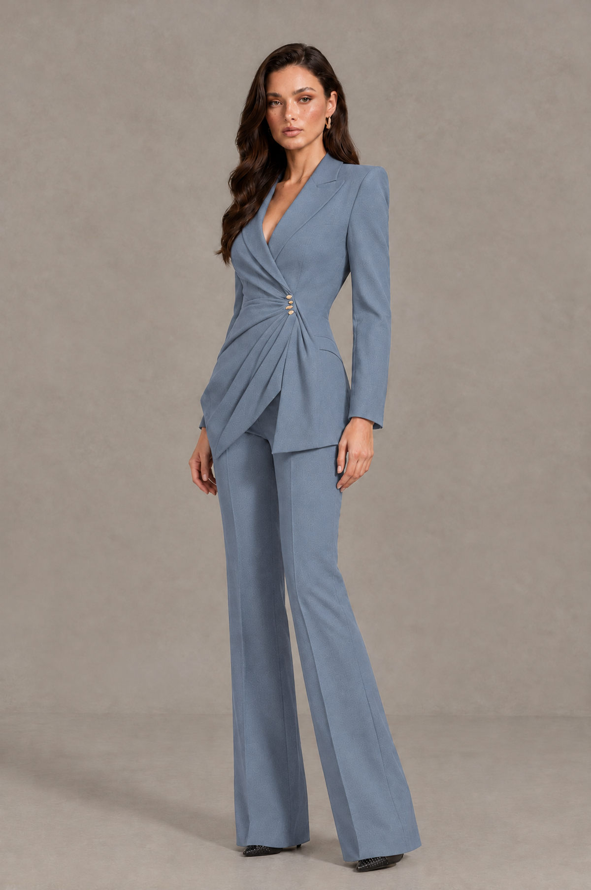 BOLODOO Dusty Blue Long Sleeve Wrap Blazer Pantsuit with Wide-Leg Trousers - Dusty Blue - Dusty Blue (3)