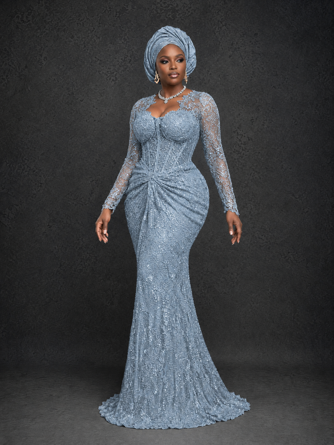BOLODOO Dusty Blue Beaded Lace Long Sleeve Mermaid Gown Sweetheart | Mother of the Bride - Dusty Blue