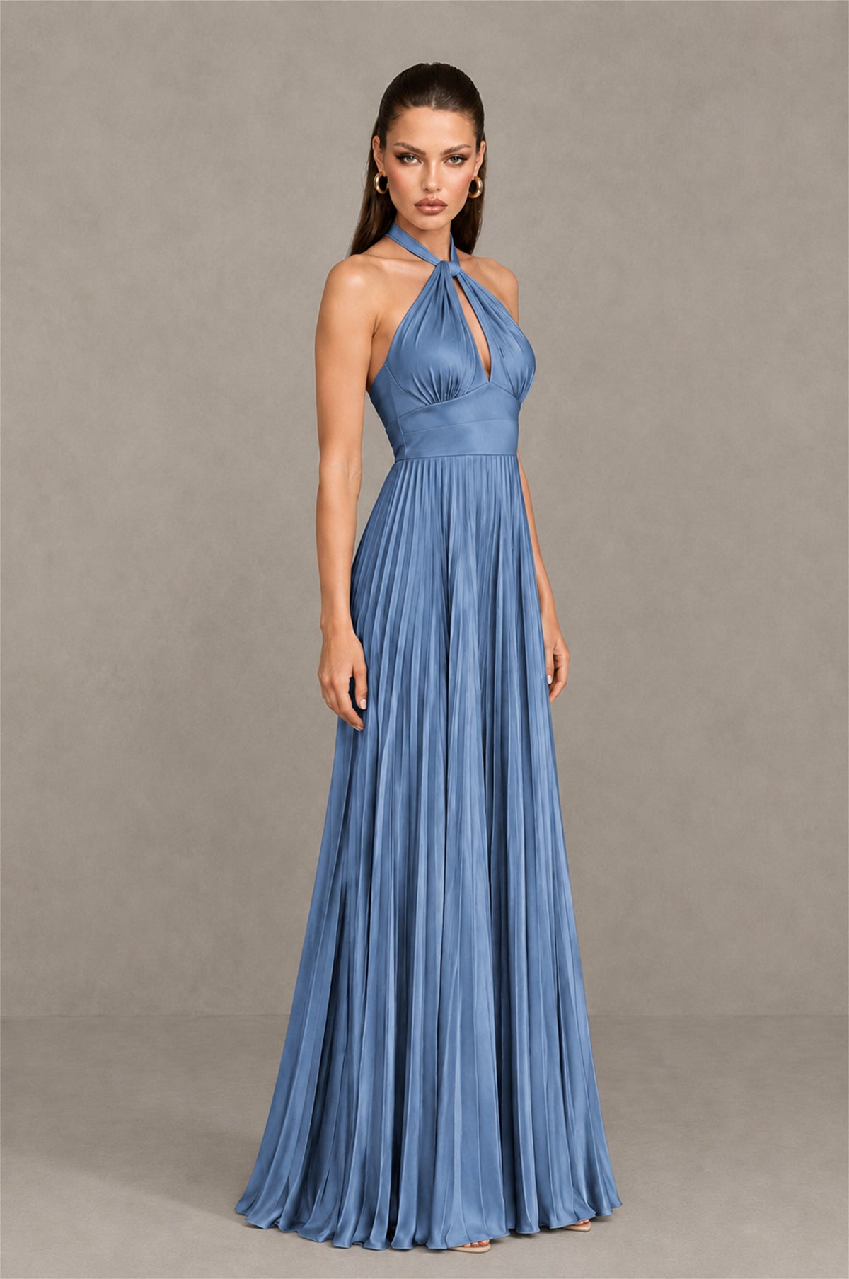 BOLODOO Dusty Blue Halter Pleated A-Line Evening Dress - Dusty Blue
