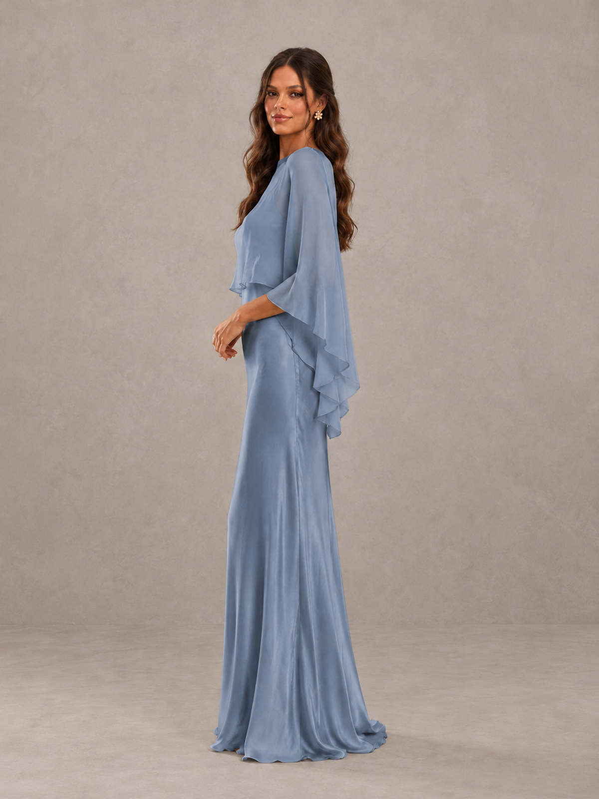 BOLODOO Dusty Blue Satin Mermaid Bridesmaid Dress with Chiffon Cape - Dusty Blue - Dusty Blue (3)