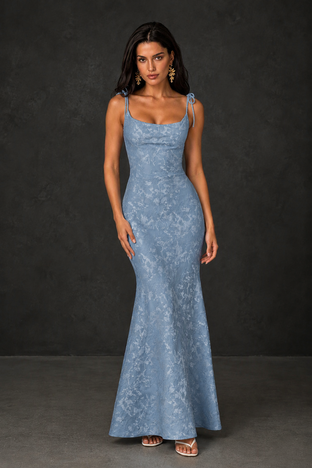 BOLODOO Dusty Blue Scoop Neck Tie Strap Lace-Up Back Floral Jacquard Mermaid Maxi Dress - Dusty Blue