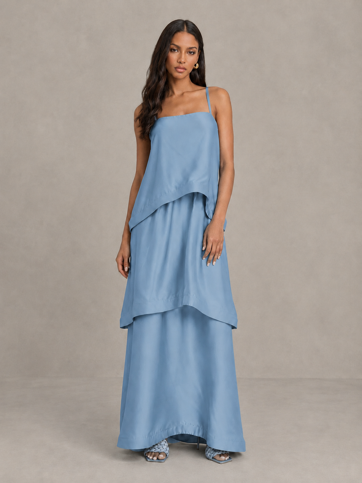 BOLODOO Dusty Blue Satin Tiered Maxi Dress with Spaghetti Straps - Dusty Blue