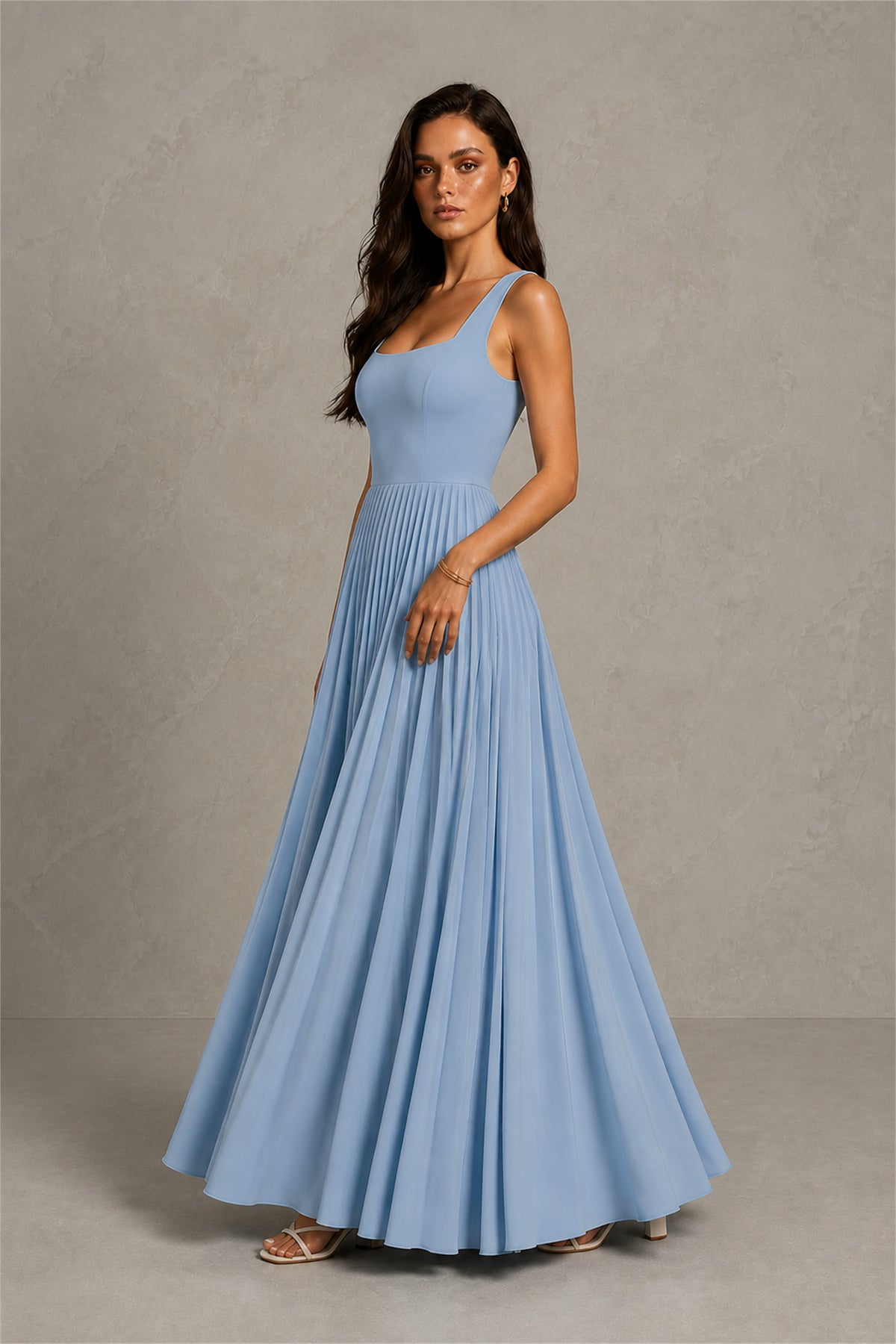 BOLODOO Dusty Blue Square Neck Wide Strap Lace-Up Back Pleated A-Line Chiffon Maxi Dress - Dusty Blue