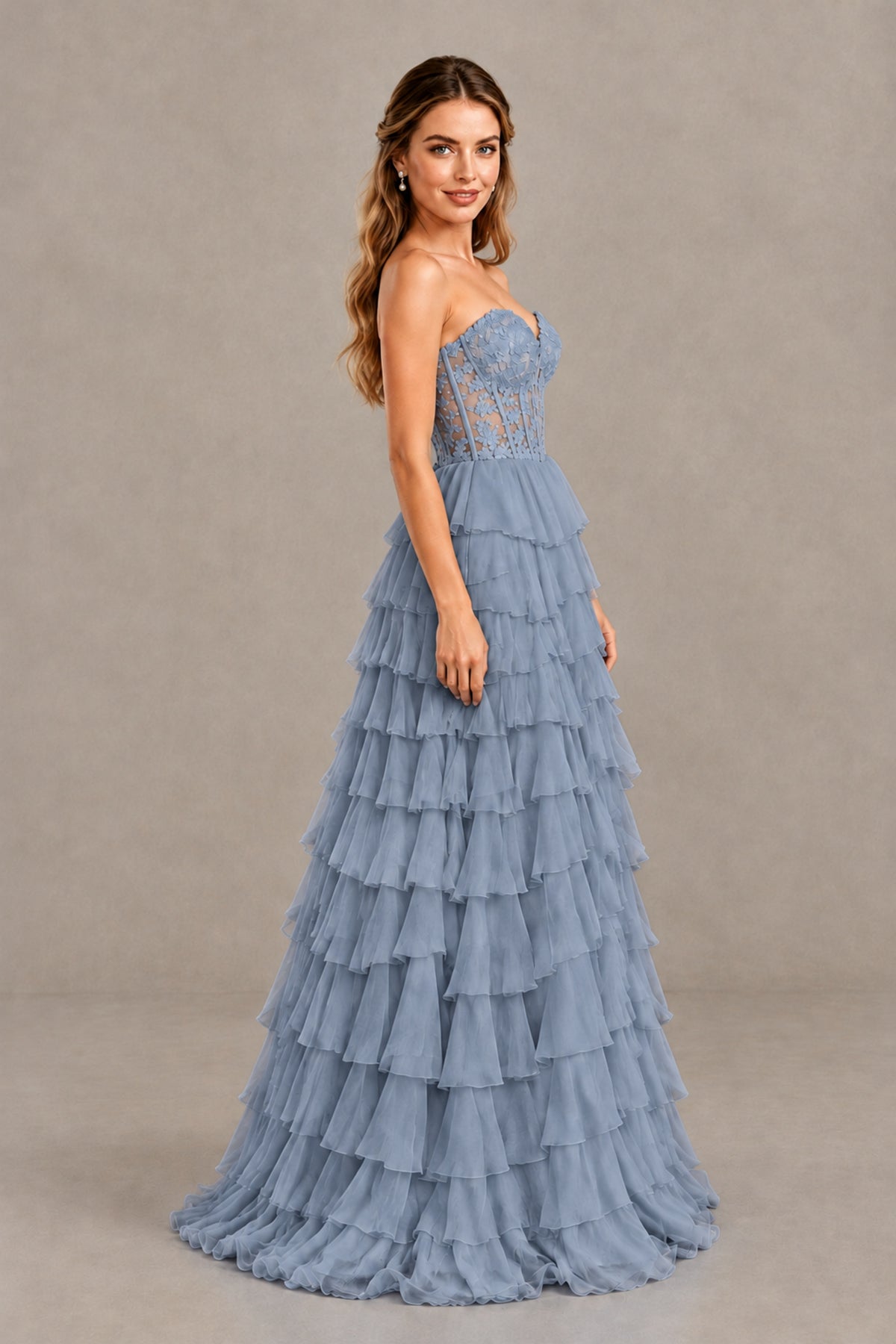 BOLODOO Dusty Blue Strapless Lace Corset Tiered Ruffle Prom Dress with Slit - Dusty Blue - Dusty Blue (3)
