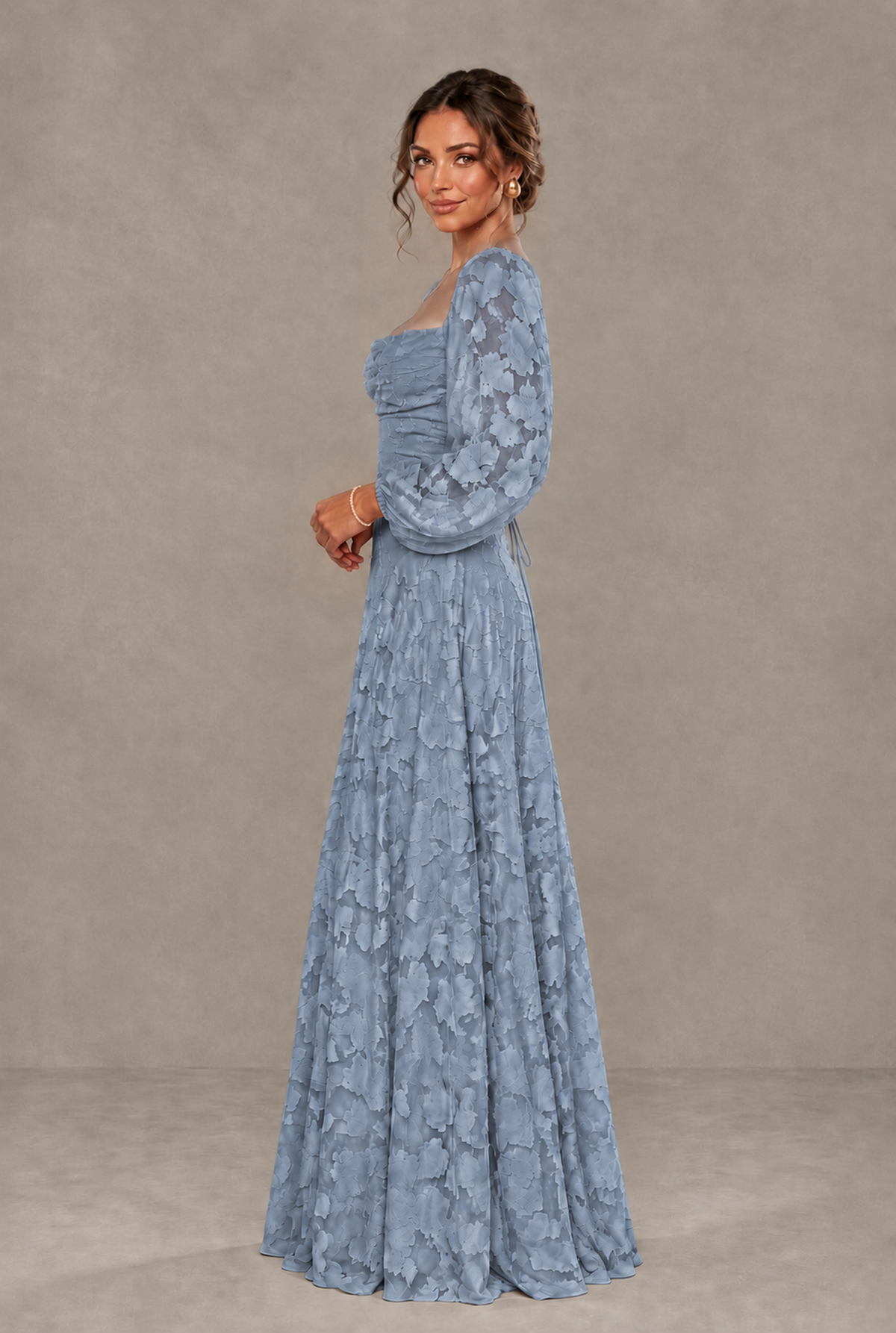 BOLODOO Floral Dusty Blue Long Sleeve A-Line Dress with Lace-Up Back - Dusty Blue