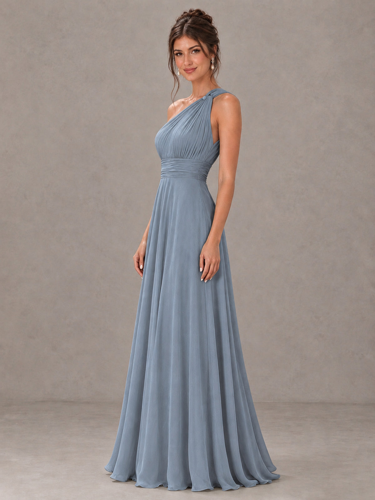BOLODOO Dusty Blue One-Shoulder Chiffon-Look Bridesmaid Dress - Dusty Blue - Dusty Blue (3)