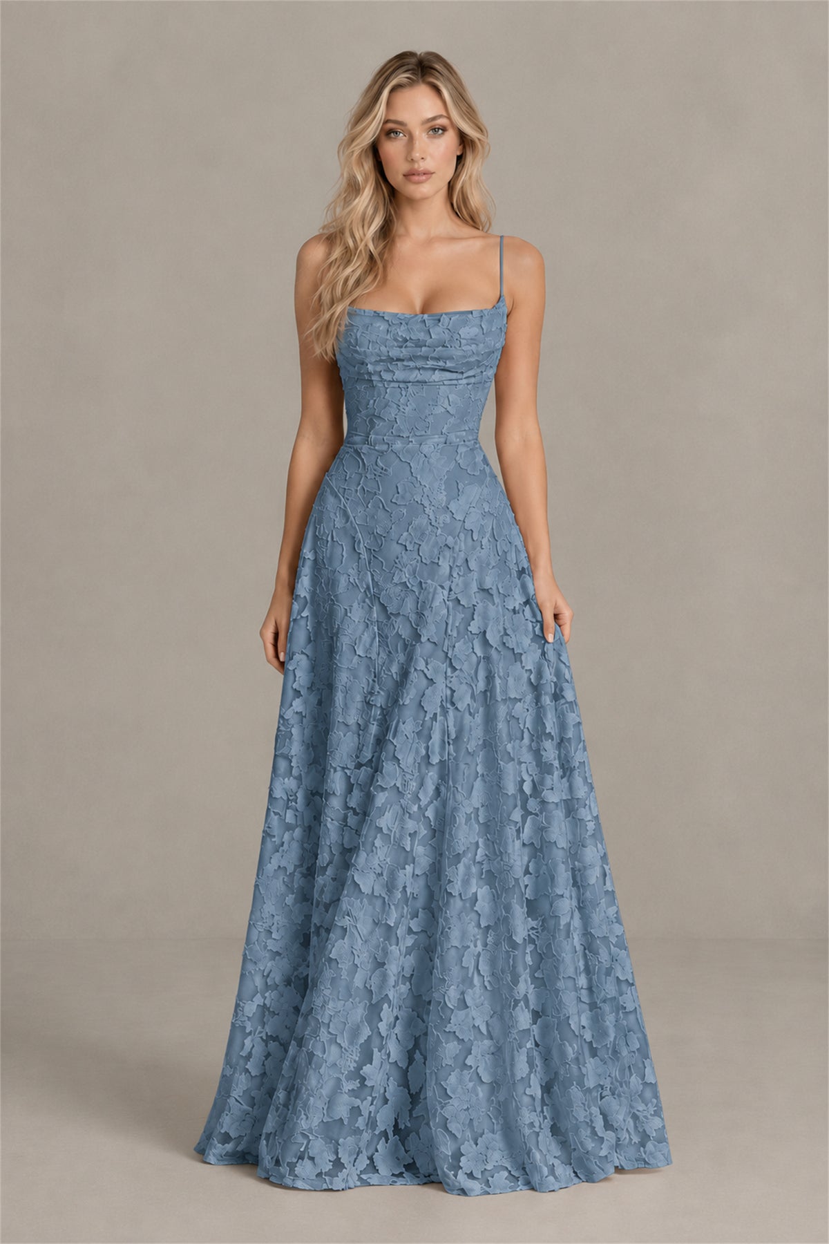 BOLODOO Dusty Blue Floral Appliqué Lace-Up Back Maxi Dress - Dusty Blue