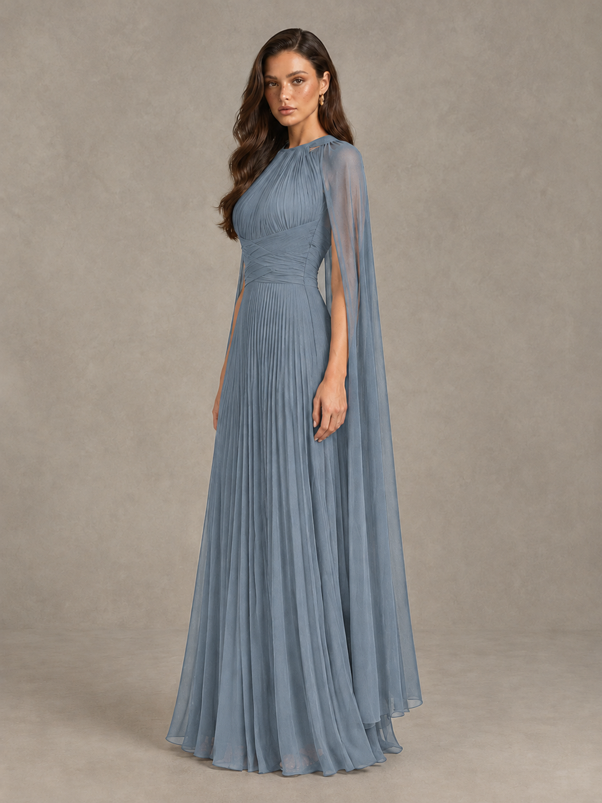 BOLODOO Dusty Blue Pleated Cape Maxi Wedding Guest Dress - Dusty Blue - Dusty Blue (3)