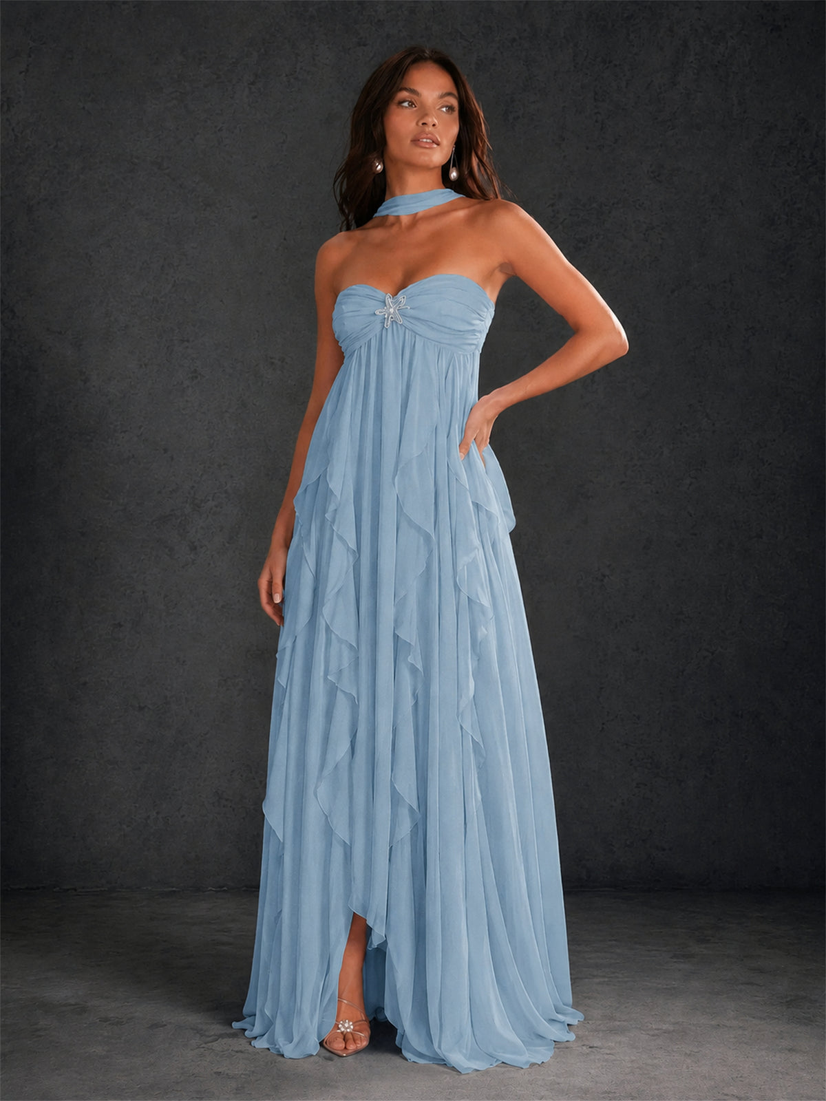 BOLODOO Dusty Blue Halter Neck Cascading Ruffle Chiffon Maxi Dress | Keyhole Open Back - Dusty Blue