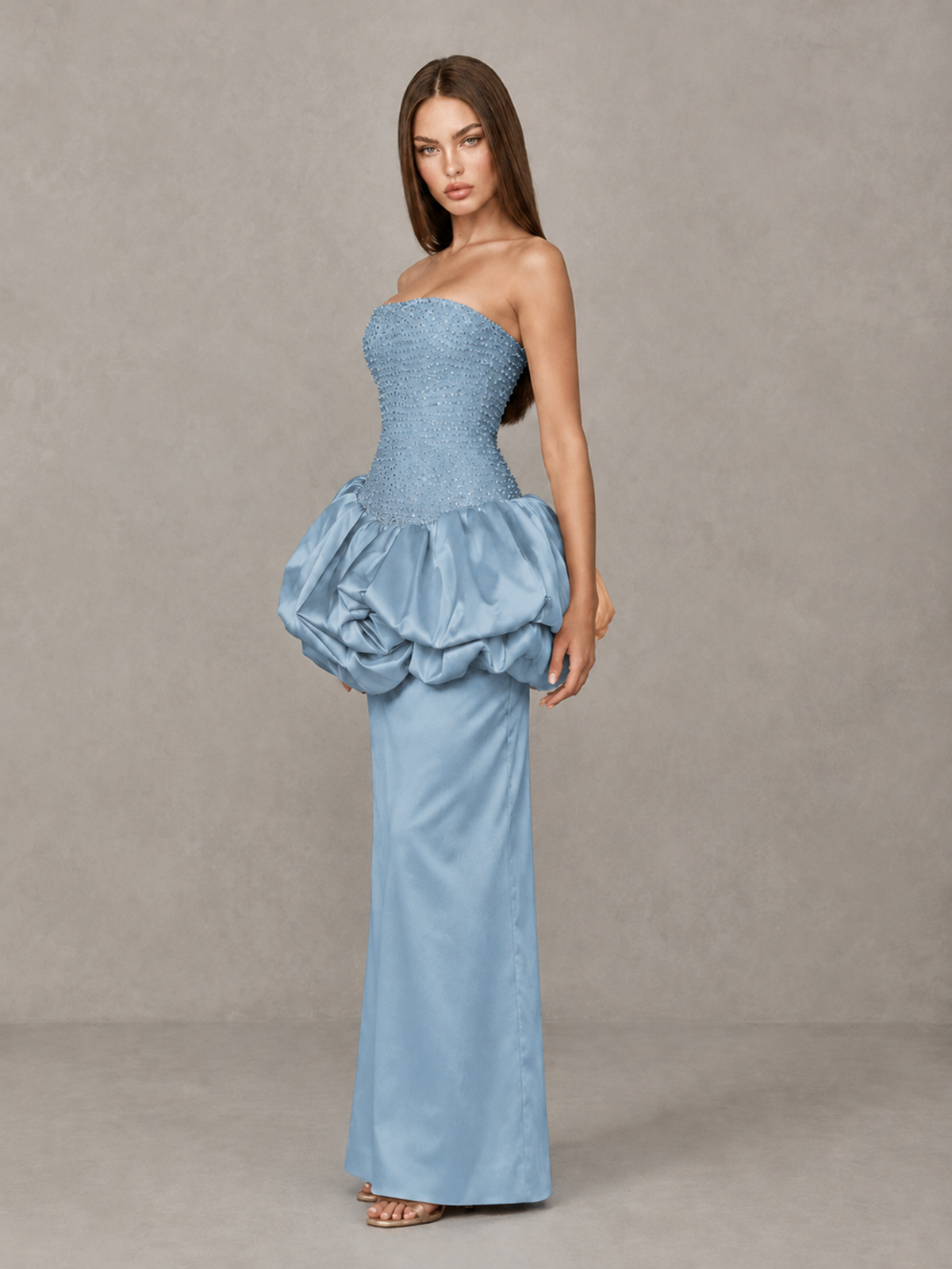 BOLODOO Dusty Blue Strapless Embellished Bubble Peplum Evening Dress - Dusty Blue - Dusty Blue (3)