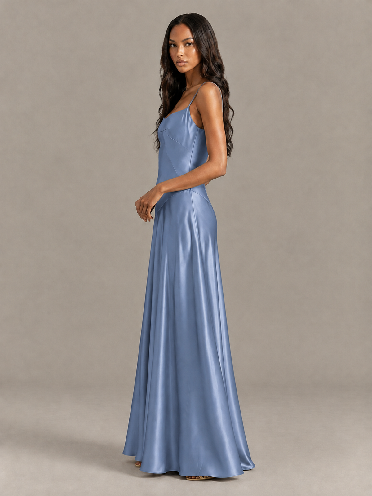 BOLODOO Dusty Blue Satin Lace-Up Back Maxi Dress - Dusty Blue