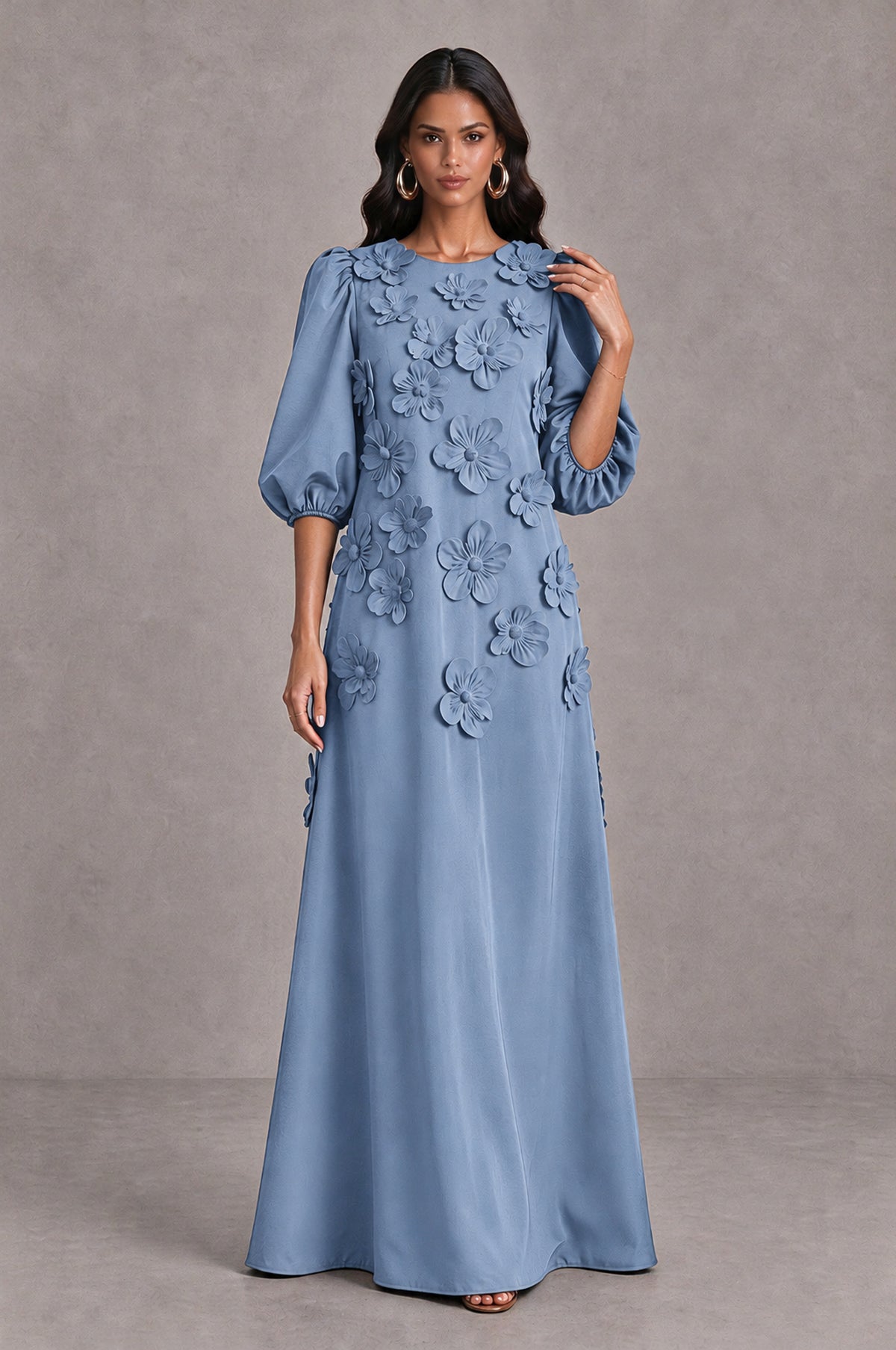 BOLODOO Dusty Blue Floral Applique Puff Sleeve A-Line Evening Dress - Dusty Blue - Dusty Blue (3)