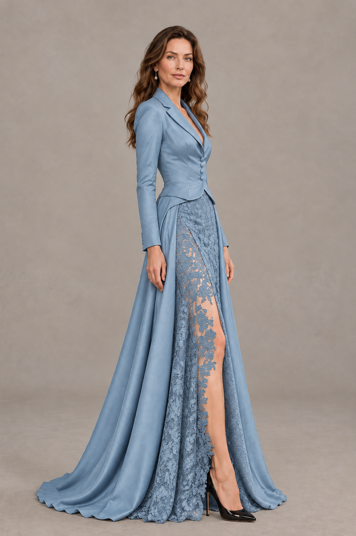 BOLODOO Dusty Blue Long Sleeve Lace Blazer Gown with High Slit - Dusty Blue - Dusty Blue (3)