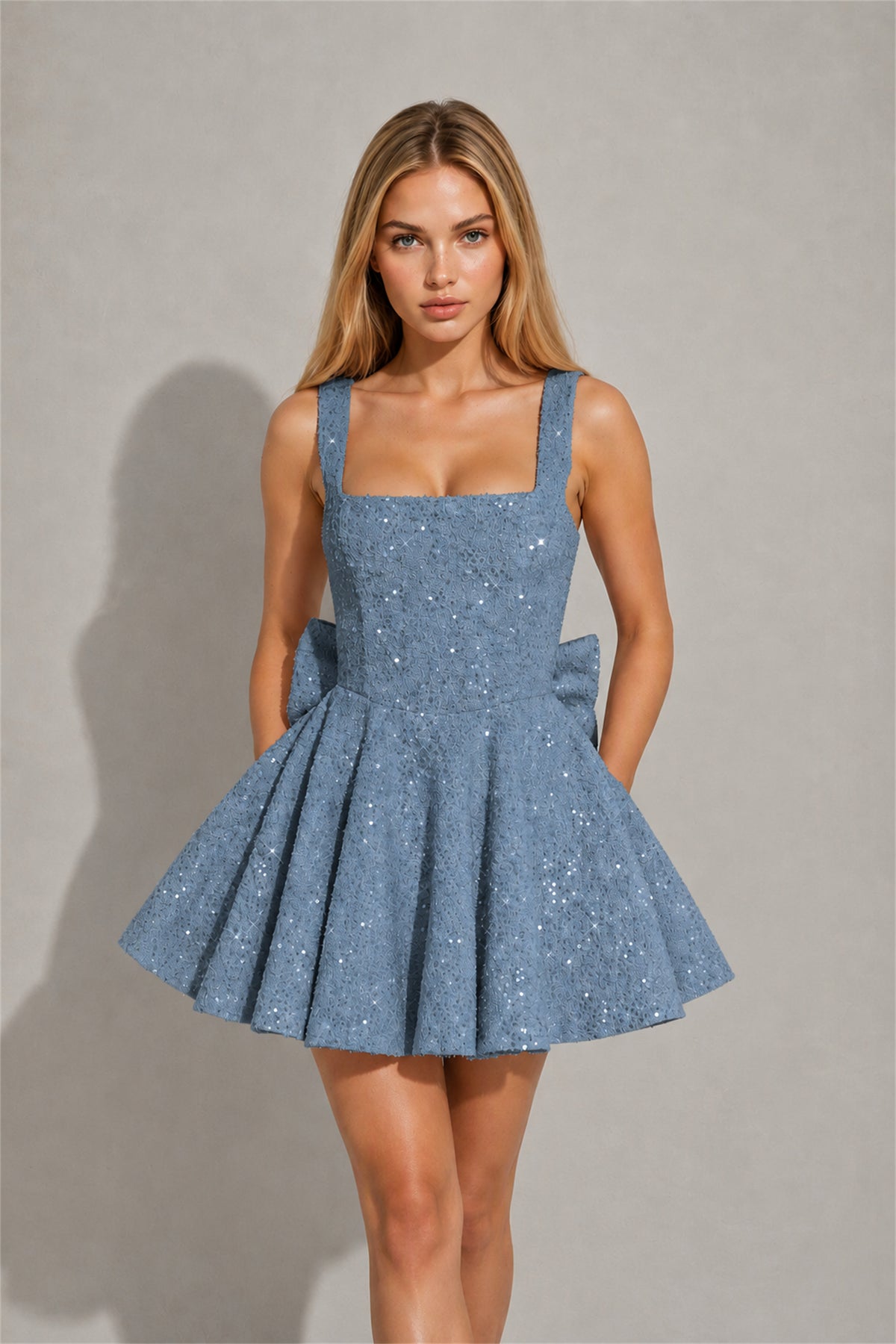 BOLODOO Dusty Blue Sequin Square Neck Wide Strap Bow Waist Open Back Fit and Flare Mini Dress | Prom Birthday Party Dress - Dusty Blue