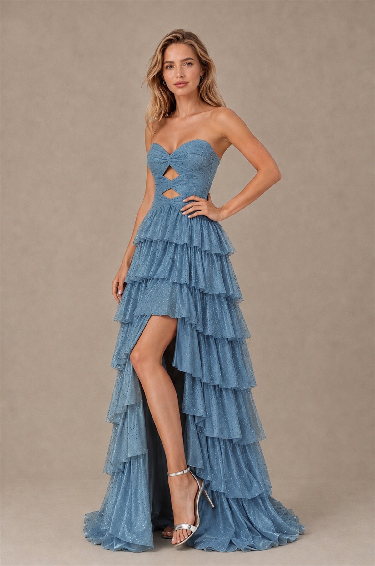 BOLODOO Dusty Blue Strapless Cutout Tiered Ruffle Prom Dress with High Slit - Dusty Blue - Dusty Blue (3)