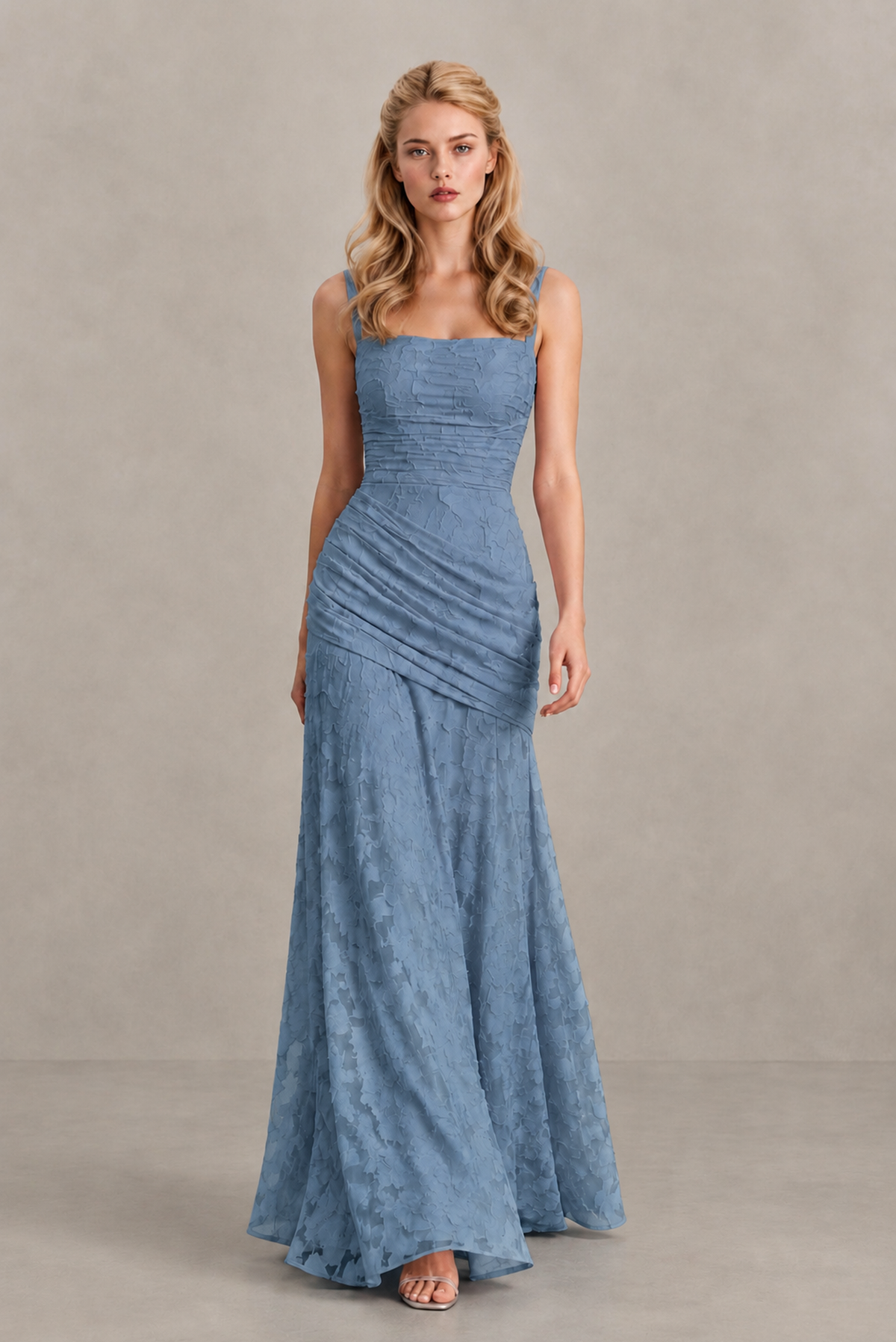 BOLODOO Dusty Blue Ruched Floral Maxi Dress with Lace-Up Back - Dusty Blue
