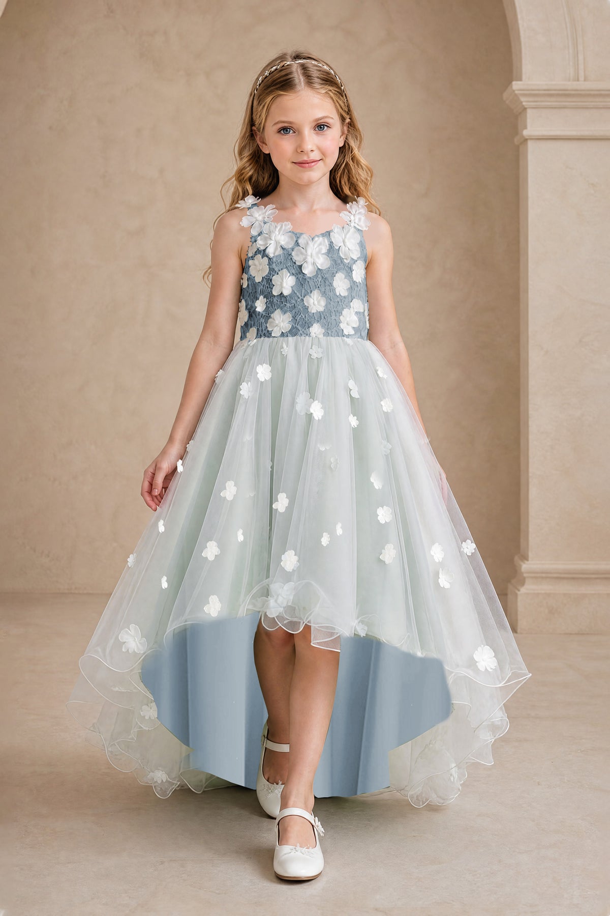 BOLODOO Dusty Blue Flower Girl Dress with Floral Appliqué and High-Low Tulle Skirt - Dusty Blue