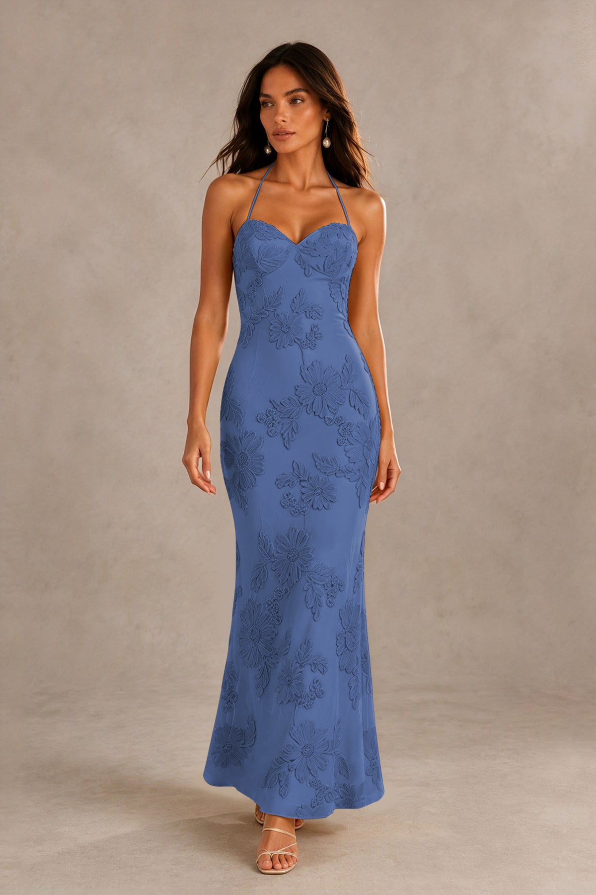 BOLODOO Dusty Blue Halter Sweetheart Floral Embroidered Lace-Up Open Back Maxi Dress | BD0257 - Dusty Blue