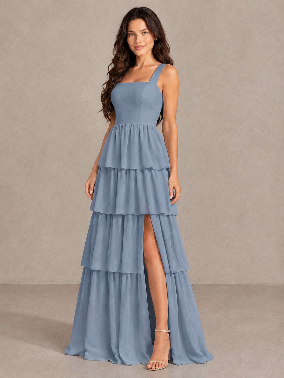 BOLODOO Dusty Blue Square Neck Tiered Bridesmaid Dress with Slit - Dusty Blue - Dusty Blue (3)