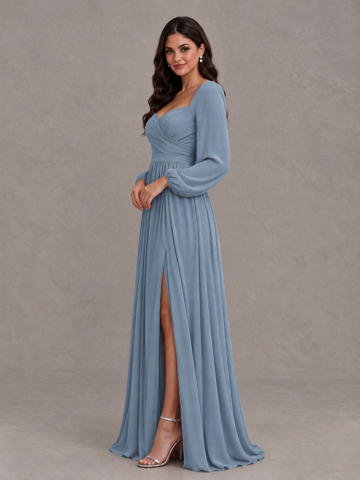 BOLODOO Dusty Blue Long Sleeve Chiffon Bridesmaid Dress with Slit - Dusty Blue - Dusty Blue (3)