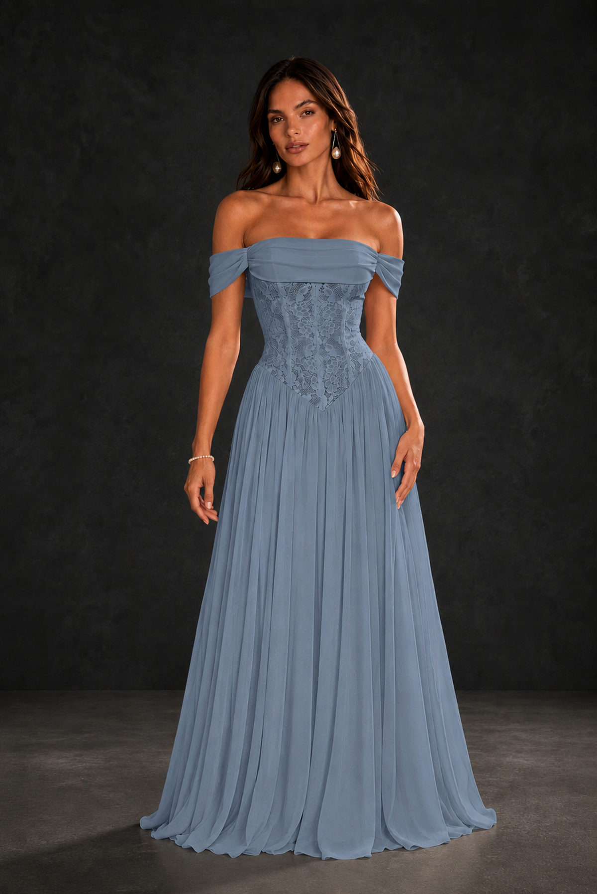 BOLODOO Dusty Blue Off-Shoulder Lace Corset Tulle Maxi Dress - Dusty Blue