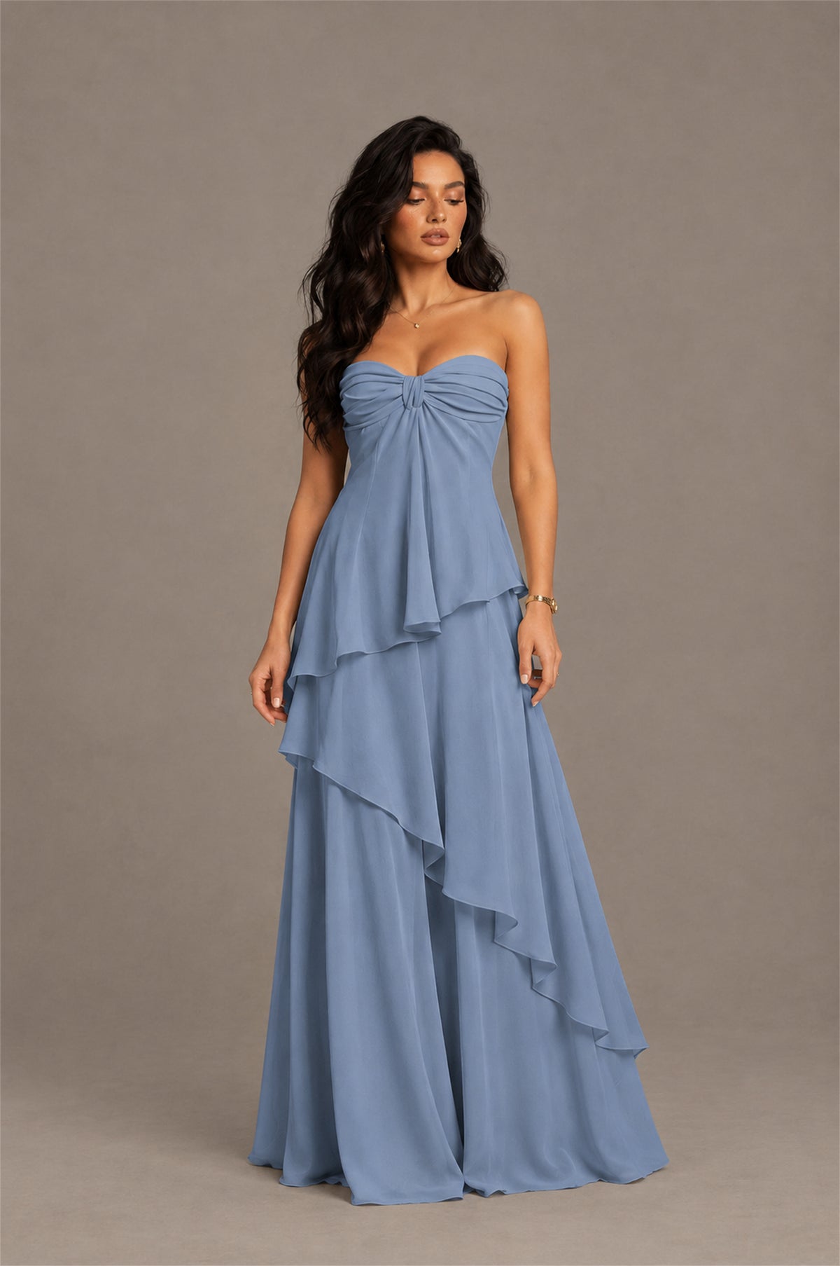 BOLODOO Dusty Blue Strapless Sweetheart Knotted Chiffon Tiered Maxi Dress with Lace-Up Back - Dusty Blue