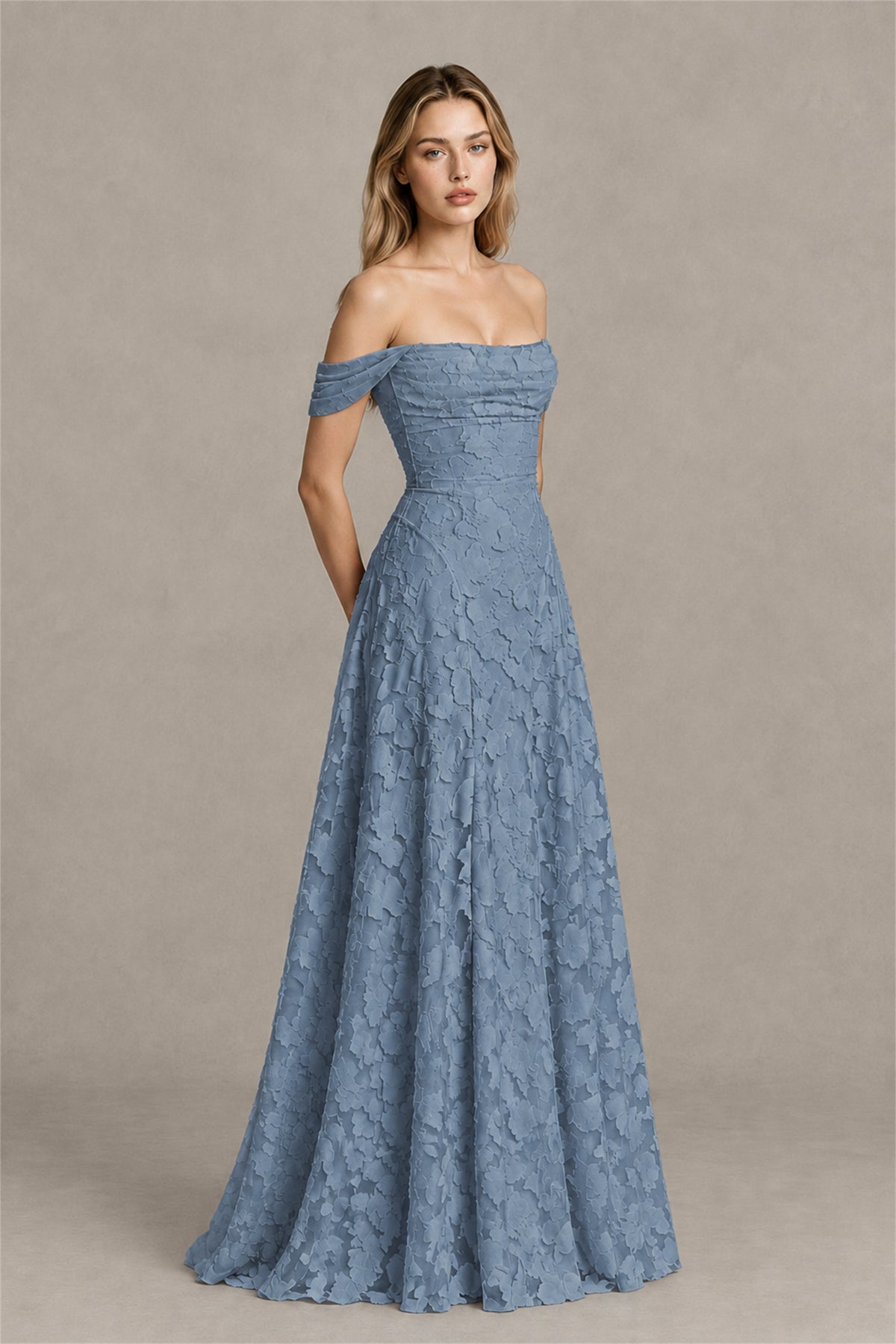 BOLODOO Dusty Blue Off-Shoulder Pleated A-Line Maxi Dress Floral - Dusty Blue