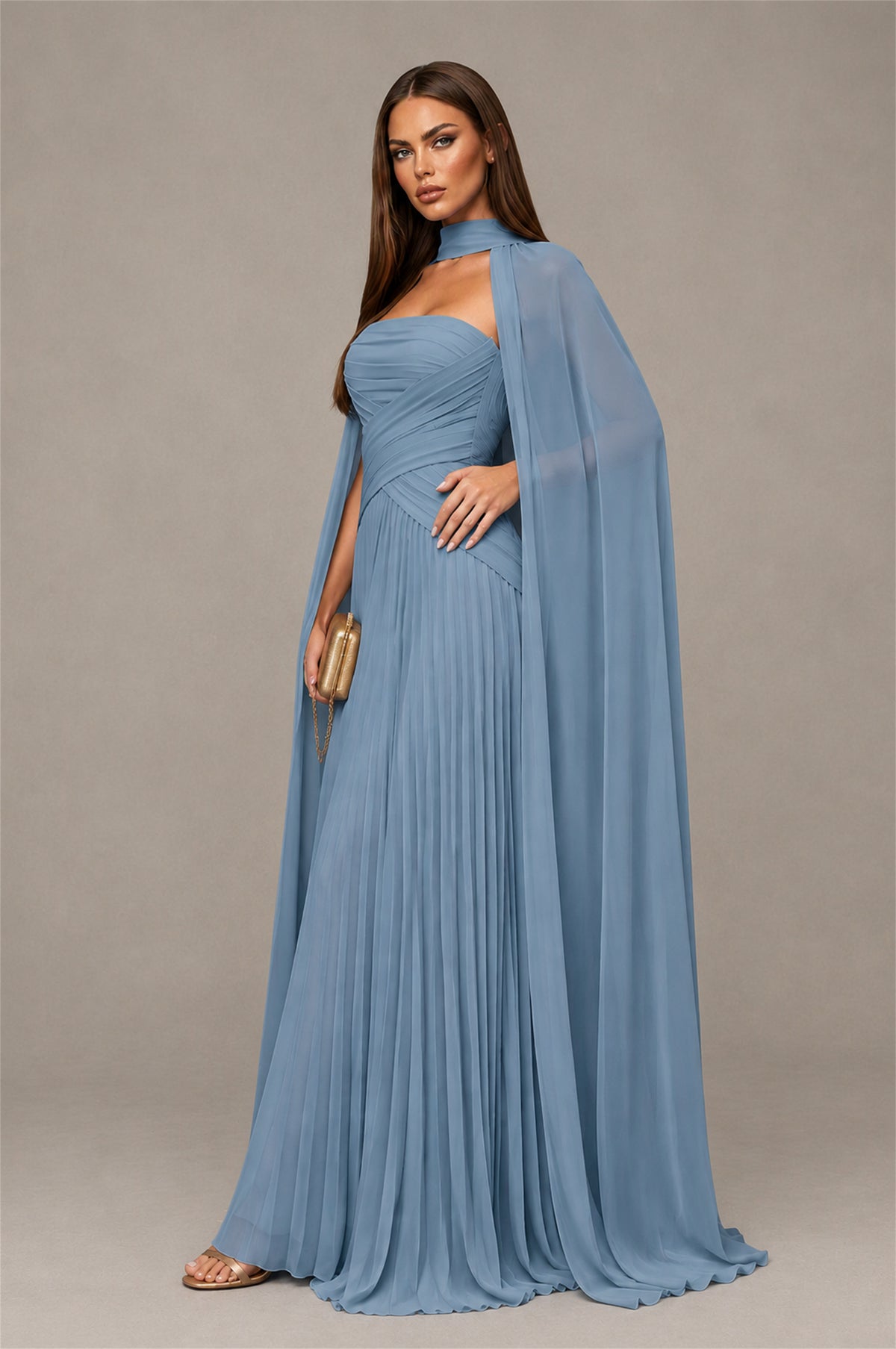 BOLODOO Dusty Blue Strapless Crossover Ruched Bodice Detached Turtleneck Cape Lace-Up Back Pleated Chiffon Maxi Dress - Dusty Blue