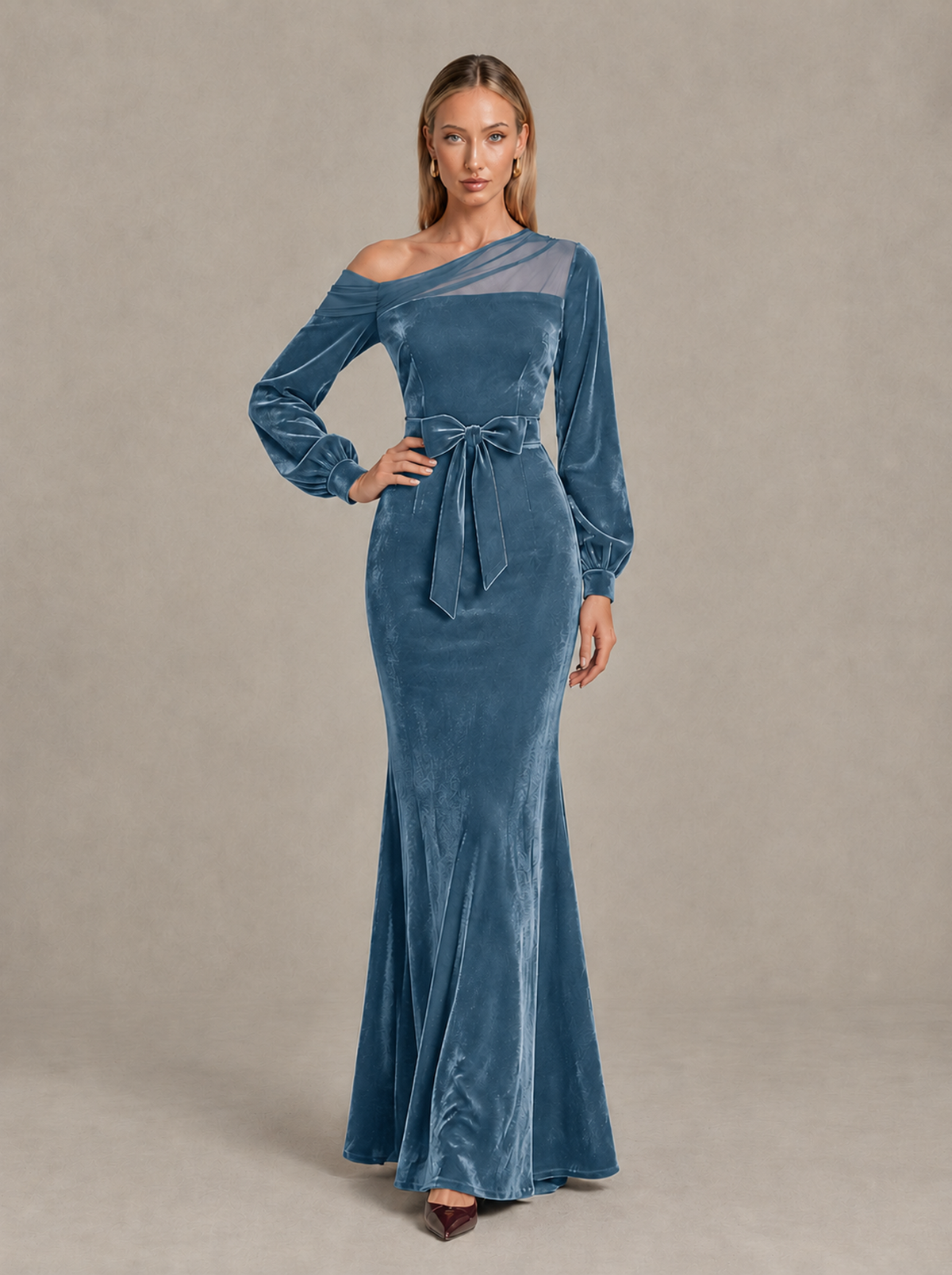 BOLODOO Dusty Blue Velvet Mermaid Evening Dress with Long Sleeves - Dusty Blue - Dusty Blue (3)