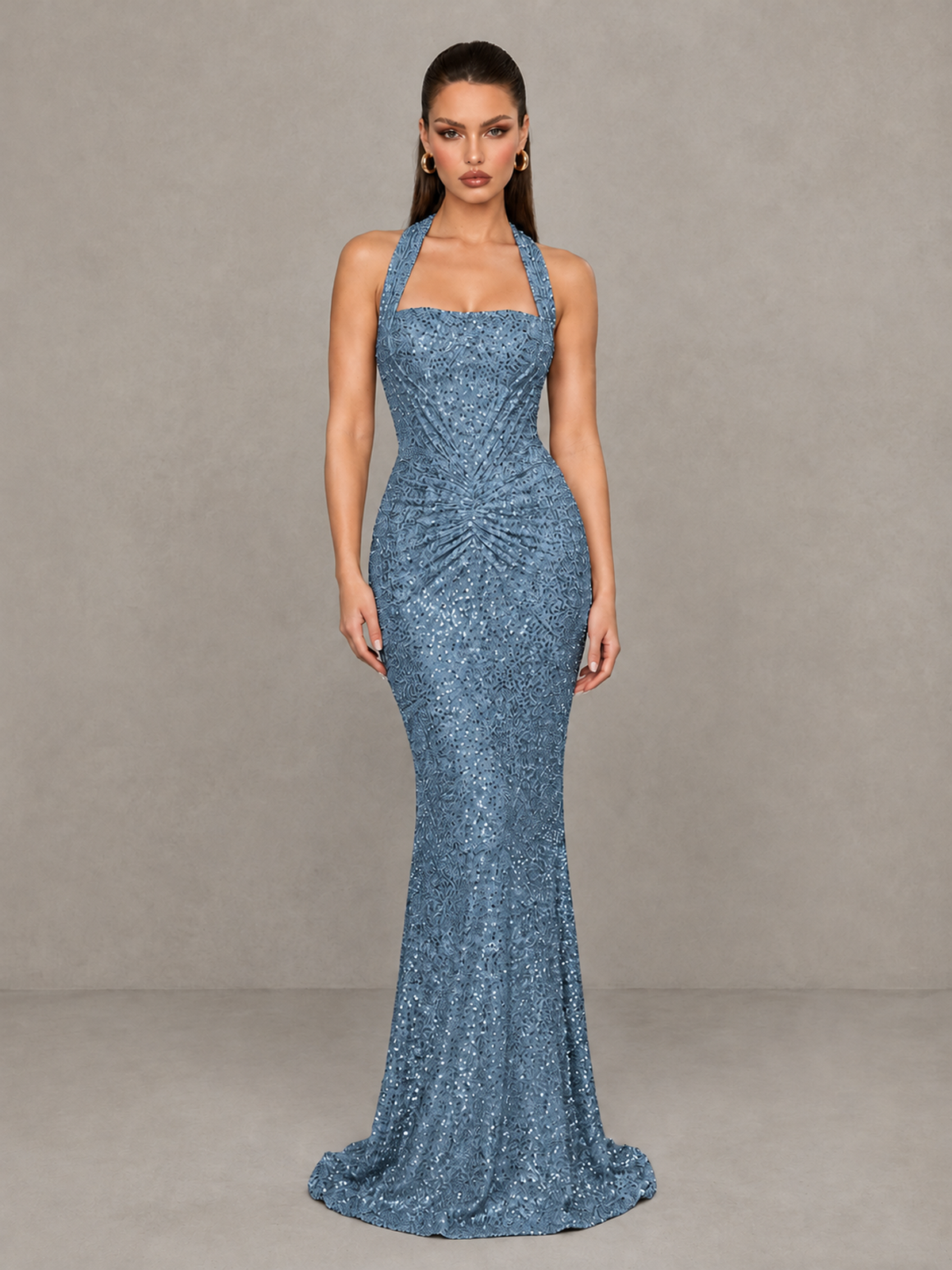 BOLODOO Dusty Blue Sequin Halter Mermaid Evening Gown - Dusty Blue - Dusty Blue (3)